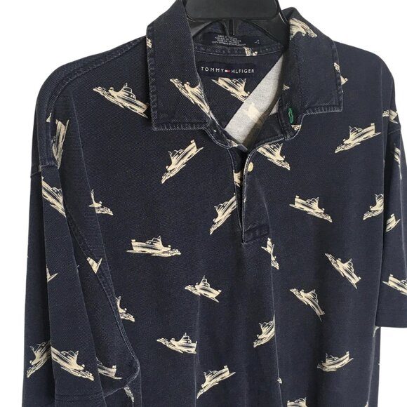 Tommy Hilfiger Polo Shirt Mens Large Blue Boat Print Nautical Short Sleeve - Picture 6 of 9